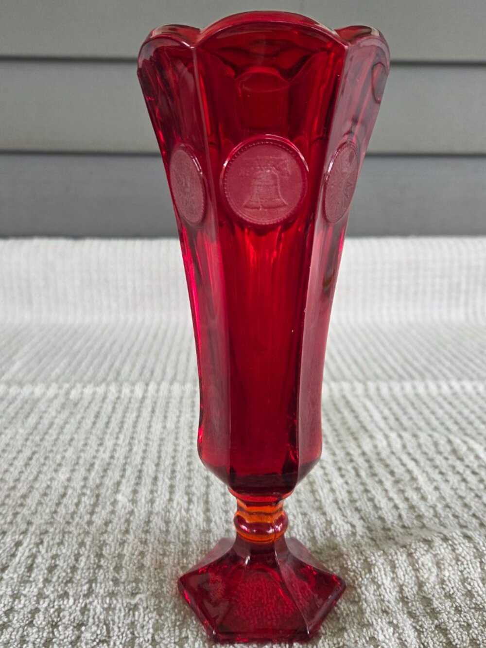 Vintage Fostoria Ruby Red COIN Bud Vase 8” Tall Scalloped Edge "Cadmium Glow"
